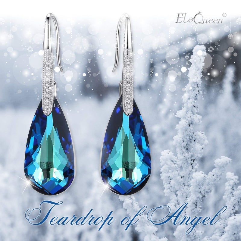 EleQueen 925 Sterling Silver CZ Teardrop Hook Dangle Earrings Bermuda Blue Made with Austrian Crystals, Valentine's Day/Mother's Day/Christmas Jewelry Gift - Image 2